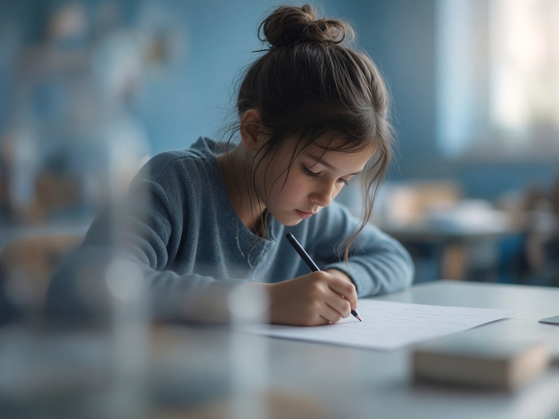 Young learner writing during an English exam